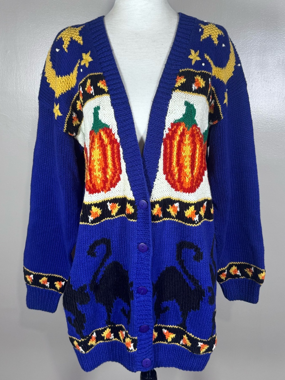 Marisa Christina Royal Blue Halloween Pumpkin & Cat Cardigan